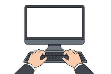 Fototapete - First person view of businessman hands typing on computer keyboard. Blank monitor screen for mockup. Concept of office work, coding, programming, online education, data entry.