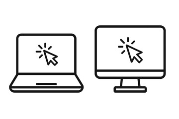Fototapete - Laptop and Desktop Computer with Click Cursor Icon. Device Interaction Concept. Notebook Screen, Monitor Display, Pointer Click, Graphic Design Workspace, Touch for Link, Technology Symbol