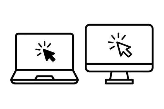 Laptop and Desktop Computer with Click Cursor Icon. Device Interaction Concept. Click Pointer Symbol on Notebook and Monitor Screen. User Interface, Web Navigation, Graphic Design, Touch Here for Link