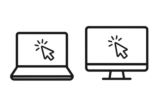 Laptop and Desktop Computer with Click Cursor Icon. Device Interaction, Pointer Click, Notebook and Monitor Screen, Graphic Design, Touch for Link, Technology Concept