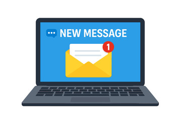 Fototapete - Laptop screen with new email message notification icon, unread inbox alert, online chat, envelope symbol, internet communication, digital marketing, e-mail concept vector