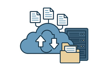 Aufkleber - Cloud computing data center with file management, web hosting, document database, cloud storage, upload and download arrows, server, digital data transfer, online backup