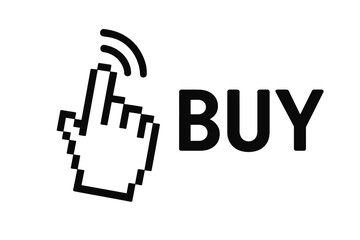Fototapete - Pixel Hand Cursor Clicks Buy Button. Online Shopping Icon. E-commerce Purchase Symbol. Internet Click to Buy. Digital Hand Pointer. Web Store Registration. Vector Illustration Isolated