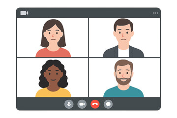Poster - Online Video Conference Interface. Virtual Meeting Workspace. Team Video Call Screen. Remote Collaboration. Digital Communication App. Group Chat. Web Conference. Flat Vector Illustration