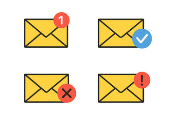 Poster - Email Notification Icon Set. Envelope with Alert, Check Mark, Error, and New Message Badge. Email Marketing, Spam, Incoming Mail, Delivery Status, Office Communication, Correspondence