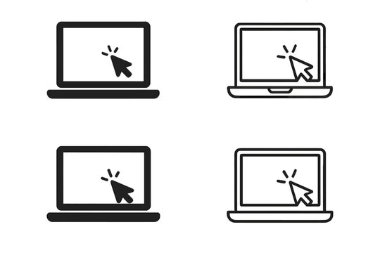 Laptop Computer Monitor Icons with Cursor Pointer Click Symbol, Set of 4 Styles, Notebook Screen, Digital Device, User Interface, Technology, Web Design, Graphic Resource, Click Action