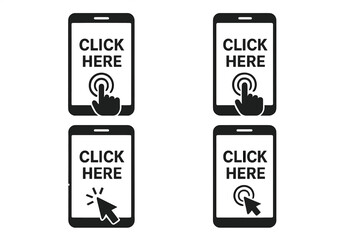 Fototapete - Smartphone touch screen click here button icons set. Mobile device interface with hand tap, finger touch, mouse cursor, click symbol. Web link, call to action vector illustration