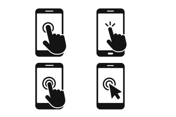 Fototapete - Smartphone touch screen icons set. Hand tapping mobile device. Click gesture, tap action, cursor pointer. Cell phone user interface interaction. Touch technology vector illustration.