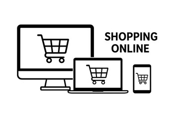 Fototapete - Shopping Cart Online on Computer, Laptop, Tablet, Smartphone. E-commerce, Internet Store, Digital Marketing, Online Shopping Concept, Vector Icons, Web Commerce, Multi-device Retail