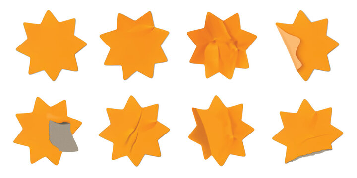 Crumpled paper starburst stickers. Sticky star badge with crumpled texture or torn edges. Wrinkled glued price tag realistic 3D isolated vector mockup set.