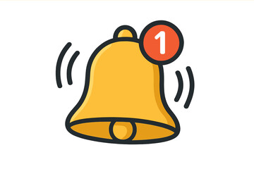 Fototapete - Notification Bell Icon with Alert Badge, Vibrating Motion, Flat Style, Yellow Alarm Symbol, Red Number One, Reminder, Web App UI, Vector Illustration, Isolated on White
