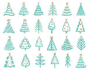 Poster - Hand drawn christmas tree. Festive winter holiday tree doodles with decorative stars and ribbon bows. Abstract Xmas ornament, minimalist isolated vector illustrations set.