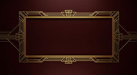Poster - A golden art deco frame with geometric designs on a dark red background with a rectangular space