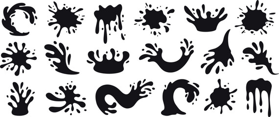 Poster - Water splash shapes with droplets. Ink splatter silhouette, paint spill, flowing fluid and liquid blots. Dynamic burst splashes hand drawn isolated vector set.