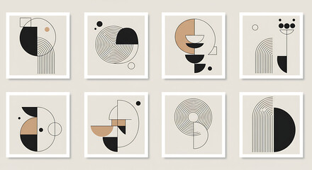 Poster - Collection of eight framed geometric abstract art prints in beige black and brown tones displayed