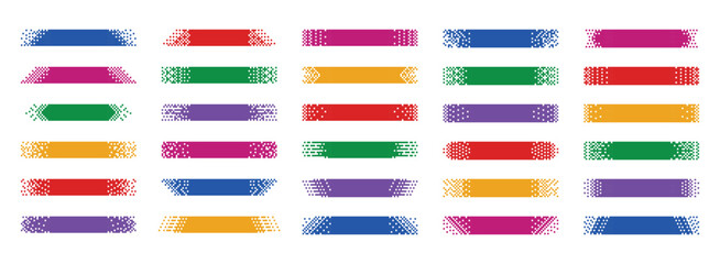 Pixel banner. Header strips with digital dotted patterns, pixelated title frames and 8 bit horizontal label backgrounds. Header and footer layout with mosaic edges isolated vector set.