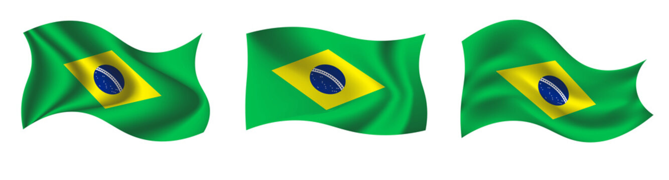 Set of Brazil waving flag on isolated background 3 Brazilian wavy realistic flag as a symbol of patriotism.