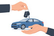 © Michael - Car rental and sale concept. Auto business deal. Hand giving car keys to another hand. Selling, leasing, test drive, car sharing or renting car service illustration.