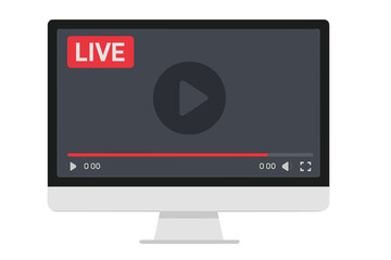 Poster - Live stream video player on computer screen. Online broadcasting, webinar, movie watching concept. Monitor display with multimedia interface mockup. Digital media streaming.