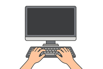 Fototapete - Hands typing on computer keyboard in front of a blank monitor screen mockup. Concept for remote work from home, online education, coding, business, writing, technology.
