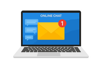 Aufkleber - New message on laptop screen. Unread email notification for online chat or inbox. E-mail marketing concept. Envelope with new message alert. Internet communication vector.