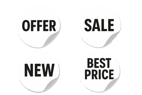 Sale sticker set. Offer label tag. New best price sign. Round white paper sticker with curled corner. Promotion marketing element. Advertising badge. Discount symbol.