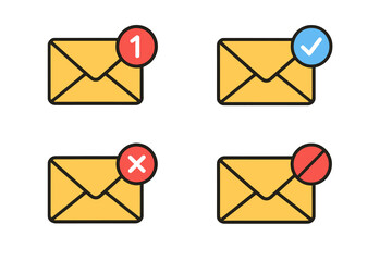 Poster - Email notification icon set. Mail envelope with new incoming message, sent or delivered confirmation check mark, failed delivery cross, and blocked or spam prohibition sign.