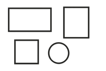 Poster - Realistic photo frame mockup set with shadow. Collection of blank picture frames for wall gallery presentation. Empty black border templates in square and circle shapes. Vector.
