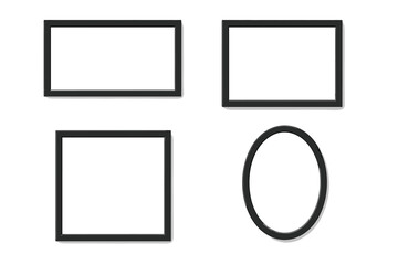 Poster - Set of black photo picture frames mockup. Realistic empty frames for wall gallery display. Square, rectangle, oval border shapes. Vector illustration with shadow on background.