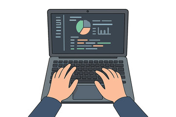 Fototapete - Top view of hands typing on a laptop. Business man working on PC with financial report, data analysis charts. Concept of programmer coding, online education, remote work.