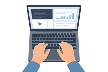 Fototapete - Top view of hands typing on a laptop. Remote work, online education, coding, business analytics. Man working on computer, watching video, financial report planning concept.