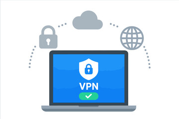Aufkleber - VPN service. Laptop with secure connection concept. Virtual private network, cybersecurity, secure web traffic, data protection, internet security software.