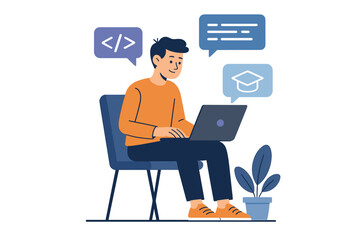 Fototapete - Young man working remotely on laptop, freelance developer coding, programming, e-learning, online education, home office workspace, technology, digital skills, study