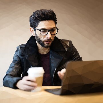 A man sits at a table, working on a laptop, holding a coffee cup.