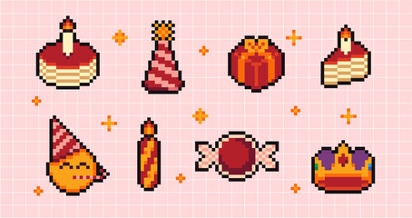 Poster - Pixels Y2k funny playful birthday art set of presents and gifts on holidays events. Cute bright party icons. Vector illustration