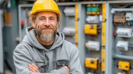 Poster - Electric technician wearing a yellow helmet, holding tools, exuding confidence, engaged in an authentic engineering environment with ample free space