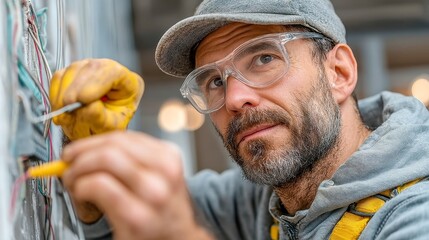 Poster - Electrician at Work, vibrant safety gear, engaged in indoor repairs, showcasing precision and focus, with intricate details in a well-lit environment