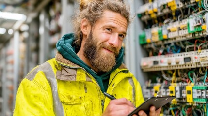 Poster - Engineer in reflective vest, focused on intricate wiring, utilizing advanced tools, detailed handwork, illuminated by gentle daylight, in an open workspace.