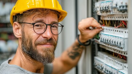 Poster - Engineer in yellow helmet, protective glasses, working on power circuits, clean indoor environment, focused and precise, showcasing technical expertise and safety measures