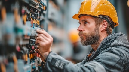 Poster - Electrical technician in hard hat fixing fuse box, dynamic work environment, tools and safety gear visible, emphasizing skilled craftsmanship and engineering focus