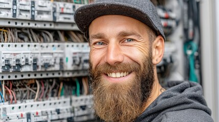 Poster - Young electrician focused on switchboard, vibrant energy, bright atmosphere, detailed textures, open workspace, showcasing dedication and skill in electrical maintenance