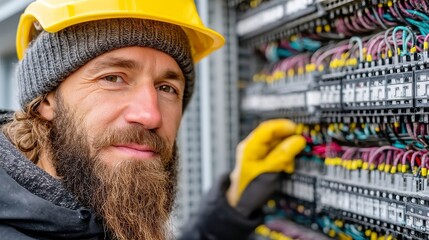 Poster - Bearded technician in yellow helmet and gloves, meticulously adjusting wires in a fuse box, set in a professional workplace with ample free space and attention to detail.