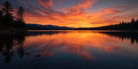 sunset tranquility on still water, dark pine trees