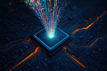 Poster - Colorful Data Stream Emanates from Central Processing Unit on Futuristic Circuit Board