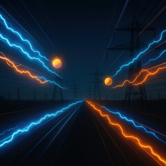 Poster - Dynamic Electric Energy Flow in Night Sky with Vibrant Blue and Orange Light Patterns