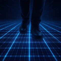 Poster - Person Walking on Digital Grid in Futuristic Environment with Blue Light Effects and Minimalist Shadows
