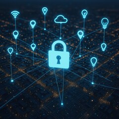 Poster - Digital Network Security Concept with Lock and Connected Elements in a Cityscape Background
