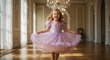 Girl wearing sparkly purple dress with tiara spinning in elegant ballroom. Child in princess costume dancing with flowing tulle skirt. Fantasy dress up and celebration concept
