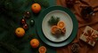 © NN AI - Christmas table setting with oranges pine cones evergreen branches and gift on wooden surface. Natural holiday decoration for festive dining and seasonal celebrations