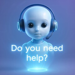Poster - An adorable robot with headset asks “Do you need help?”, sparking curiosity with its futuristic appeal. customer service